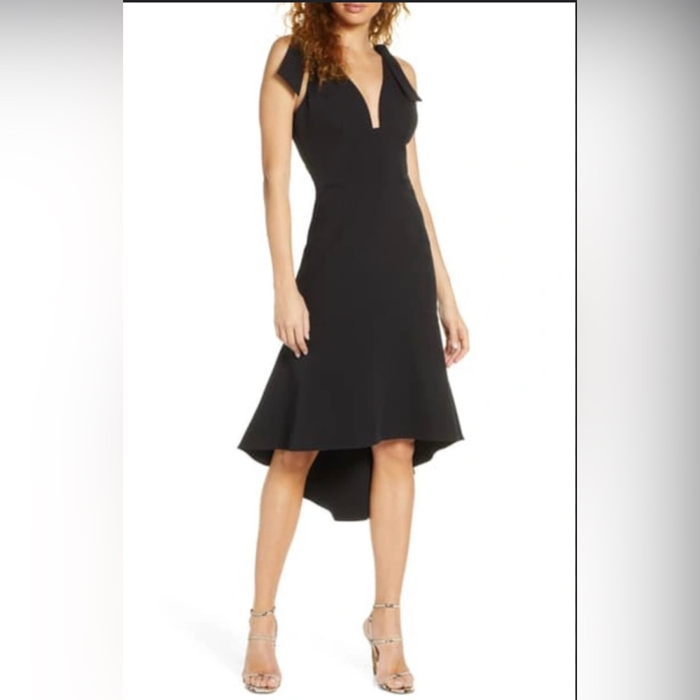 Plunge Neck Bow Shoulder High/low Cocktail Dress In Black